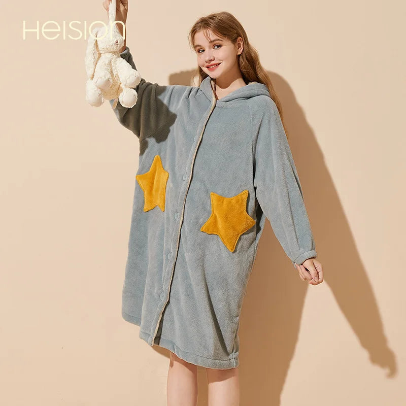 Unisex Men Women Warm Loungewear Dressing Gown Winter Thickened Coral Fleece Kimono Bathrobe with Star Pockets