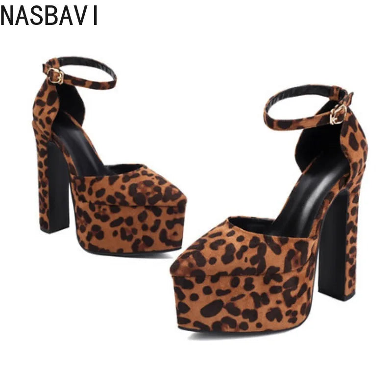 NASBAVI High Heeled Women's Sandals Buckle Pointed Toe Leopard Platform Shoes Woman Spring Design Sexy Elegant Gladiator Sandals