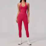 Summer Seamless Yoga Sets Women V Neck Slim Sports Tank Top Fitness Suit Peach Hip High Elasticity Leggings Running Tracksuit