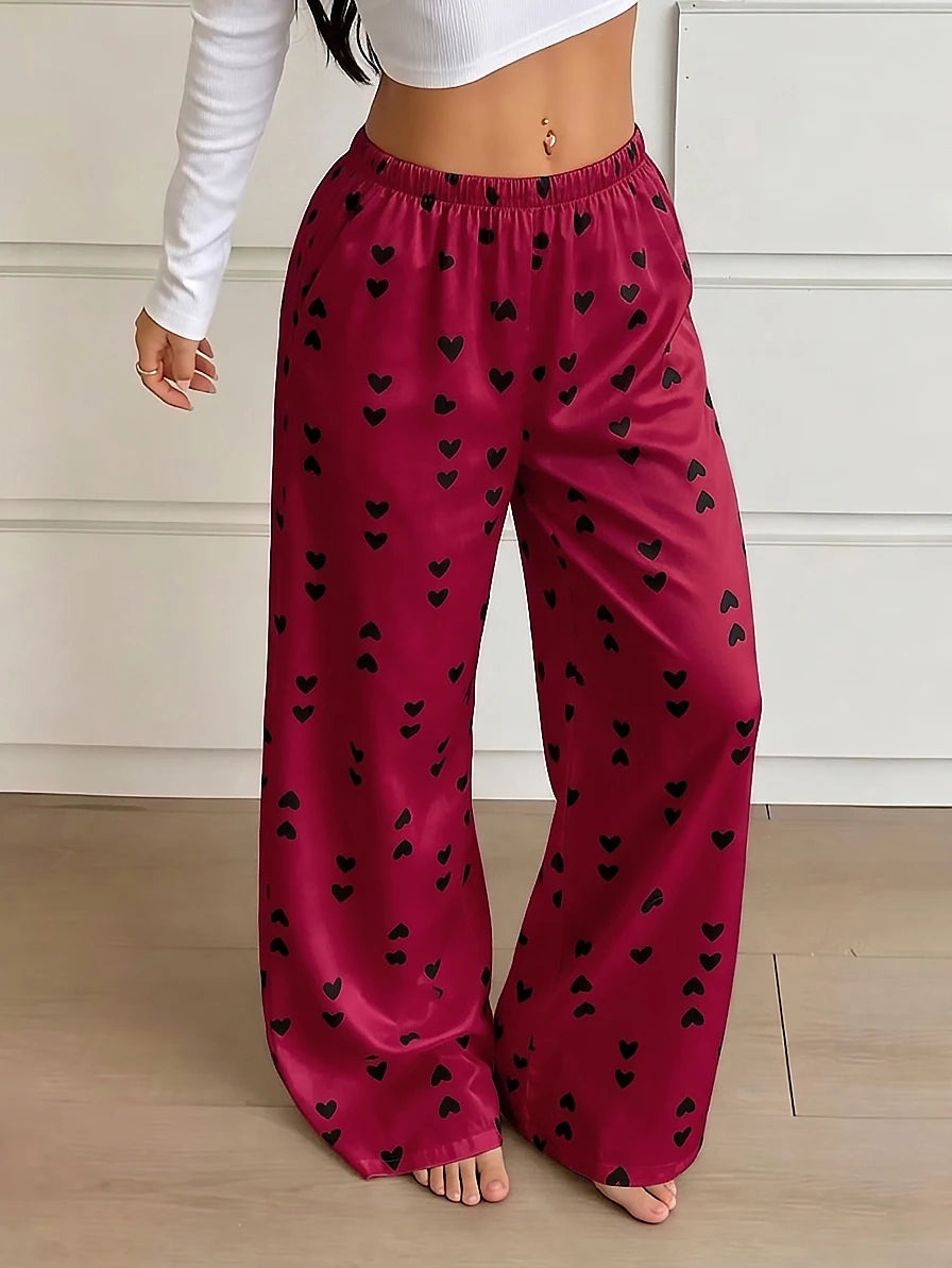 New Women Satin Pajama PantsHeart Print Elastic Waist Loose Wide Leg Sleep Bottoms Ladies Casual Trousers