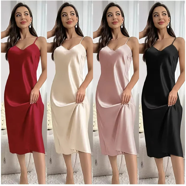 New Sexy Solid Color Long Nightdress Women's Pajamas Ice Silk Sexy Seductive Silk Stain Halter Pajamas Fashion Home Wear