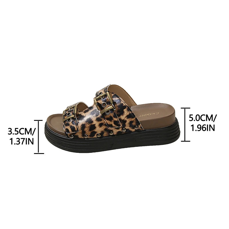 New Leopard Double Buckle Sandal for Woman Fashion 2025 Med Heel Flat Sandals Women Summer Non Slip Platform Sandal Female