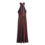 Elegant Solid Color Satin Halter Lace Up Long Dress Sexy Off Shoulder Backless Sleeveless Bodycon Dresses New Lady Party Robe
