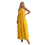 Women Fashionable Backless Sleeveless Ruffle Dresses Summer Holiday BeachSolid Color Halter Long Dress