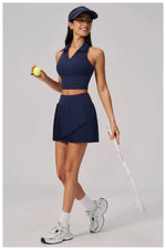 Women's Tracksuit Yoga Set 2 Pieces High Waist Pleate Pocket Skort Fitness Suit Turn Down Collar V Neck Slim Tank Top Sporstwear