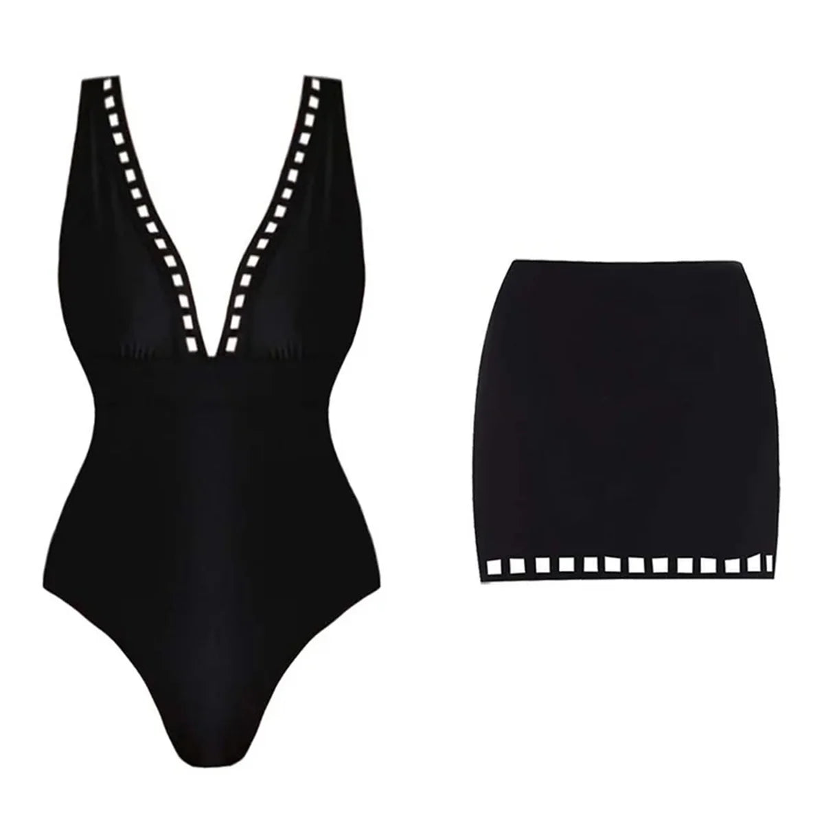 New 2Pcs Black Hollow Swimsuit Women Sexy Swimwear With Midi Skirt Push Up Bikini Female Biquini Bathingsuit Bodysuit Beachwear