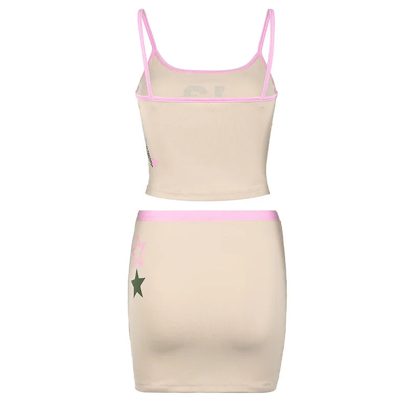 Hot Girl Two-piece Suit Printed Slimming Suspender Low Waist Drawstring Short Skirt Suit