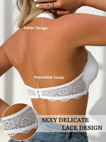 Women Halter Lace Bra Wireless Deep V Neck Floral Lace Back Hook Adjustable Comfy Non‑Padded Ladies Bralette
