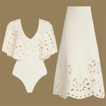 Vintage White Long Skirt Swimwear Set 2025 Women Ruffles Hollow Out Slim One Piece Swimsuit Summer Holiday Bathing Suit Monokini