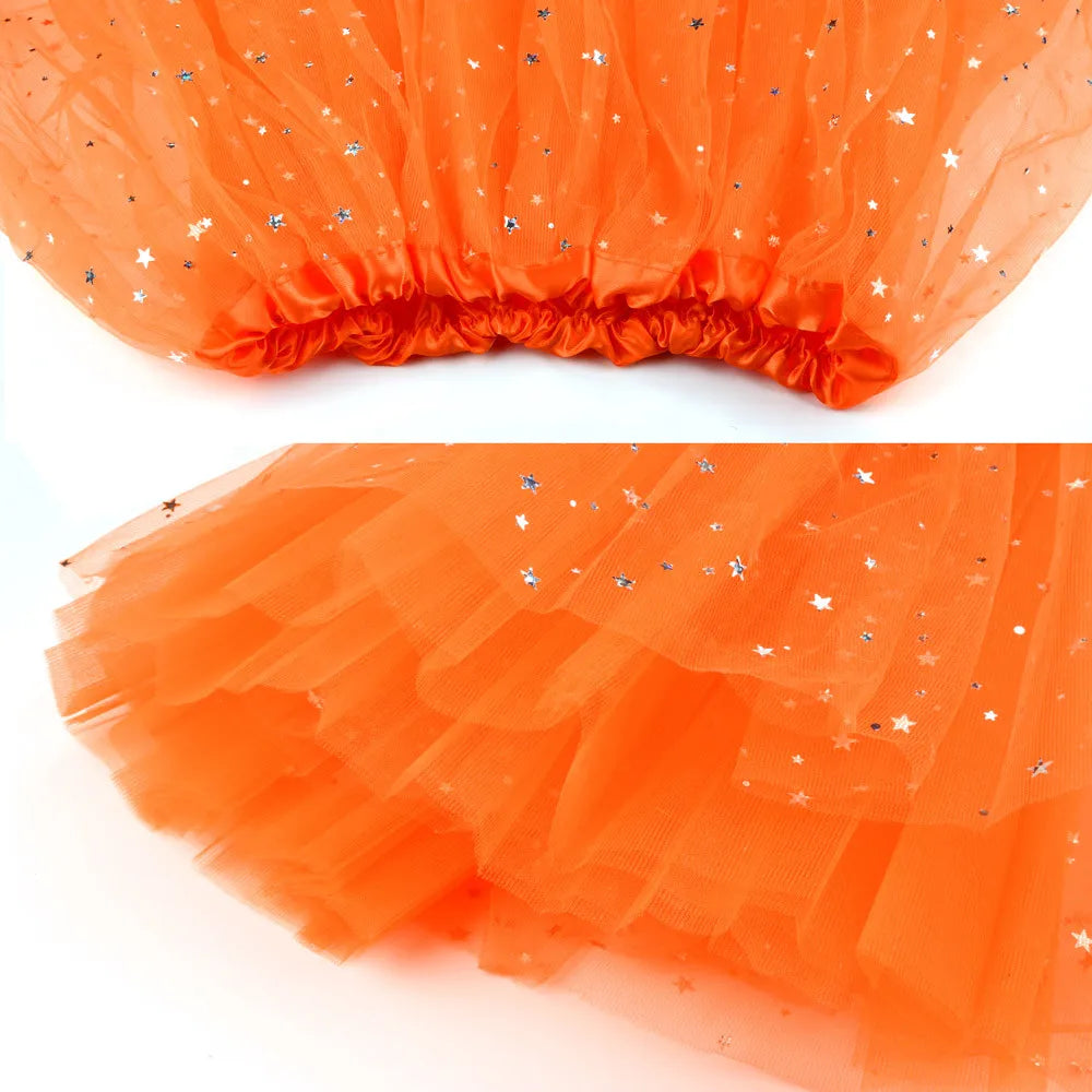 Womens Summer New Tulle Tutu Skirt Elastic Waist Silver Star Print Layered Mesh Mini Skirt Fluffy Carnival Party Dance Skirts