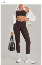 2 Pieces Color-block Yoga Sets WomenHanging Neck Sports Bra High Waist Pants Built-in Pockets Outdoor Fitness Workout Suit