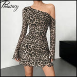 Spring Summer Off-Shoulder Sexy Leopard Print Long-Sleeve Dress European-Style Casual Backless Bell-Sleeve Mini Skirt Streetwear