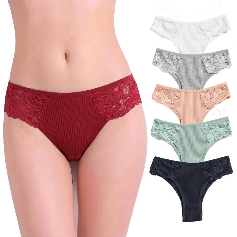 4Pcs/Set Women Cotton Low-Rise Briefs Lace Trims Brazilian Panties Sexy Lingerie Stretchy Underwear Female Underpants S-L