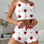 New Strawberry Print Sleepwear Set Women's Ribbed Pajamas with Hearts & Bow Soft Comfy Lounge Set with Shorts Cute Summer