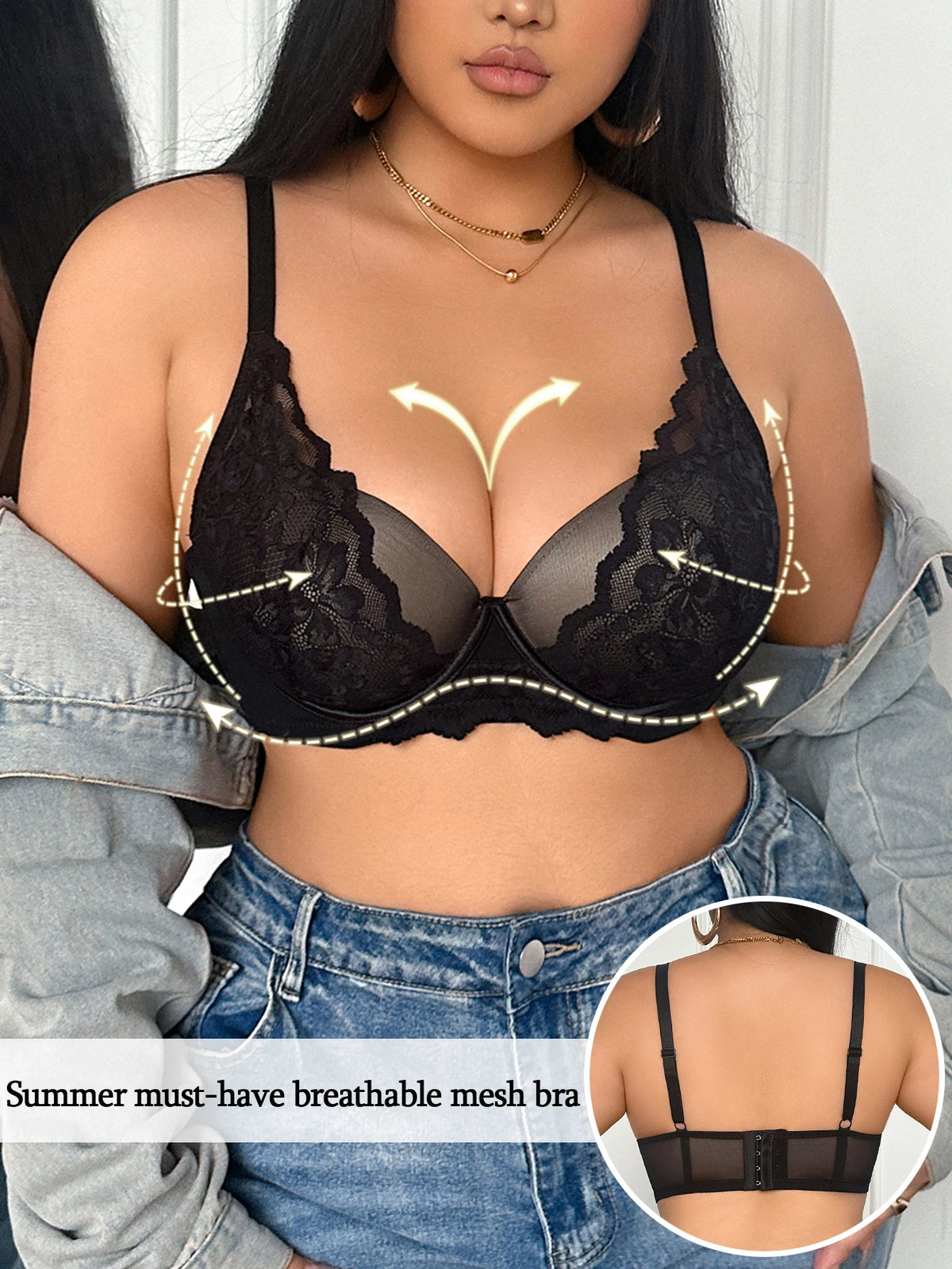 Plus Size Women Bra Wide Strap Mesh Lace Push Up Bra Comfort Thin Cup Underwire Support Lingerie Brassiere