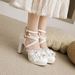 9cm Cross Strap Women High Heels Mary Jane Shoes Party Wedding Pearls White Lace Ruffles Bow Princess Lolita Pumps Sandals 33-46