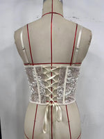 Sexy Spicy Girl Summer Tank Top Women Beige Lace Trim Steel Ring Gathering Back Cross Tie Rope Slim Fit Fishbone Corset Vest