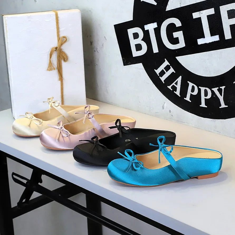 BIGTREE Satin Bow With One Strap With Shallow Mouth Half-Tugging Women's Hollow Inner Heightened Round-Head Sandals Comfortable