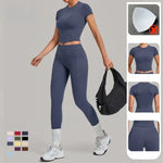 Women's Seamless Yoga Sets Sports Fitness Hip-lifting High Waist Pants Slim Fit Short-sleeve Suits Workout Running Training Sets