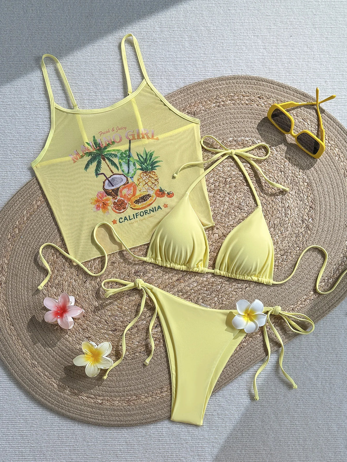Vintage 3D Flower Thong Bikini Set 2026 Women Summer Fruit Print Cover Up 3 Piece Swimwear Push Up Bra Bathing Suit Swimsuit