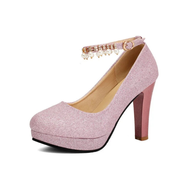 Elegant String Beads Women Wedding Shoes Bride Thin High Heels Gold Silver Pink 2026 Autumn Spring Plus Size 34-43 Lady