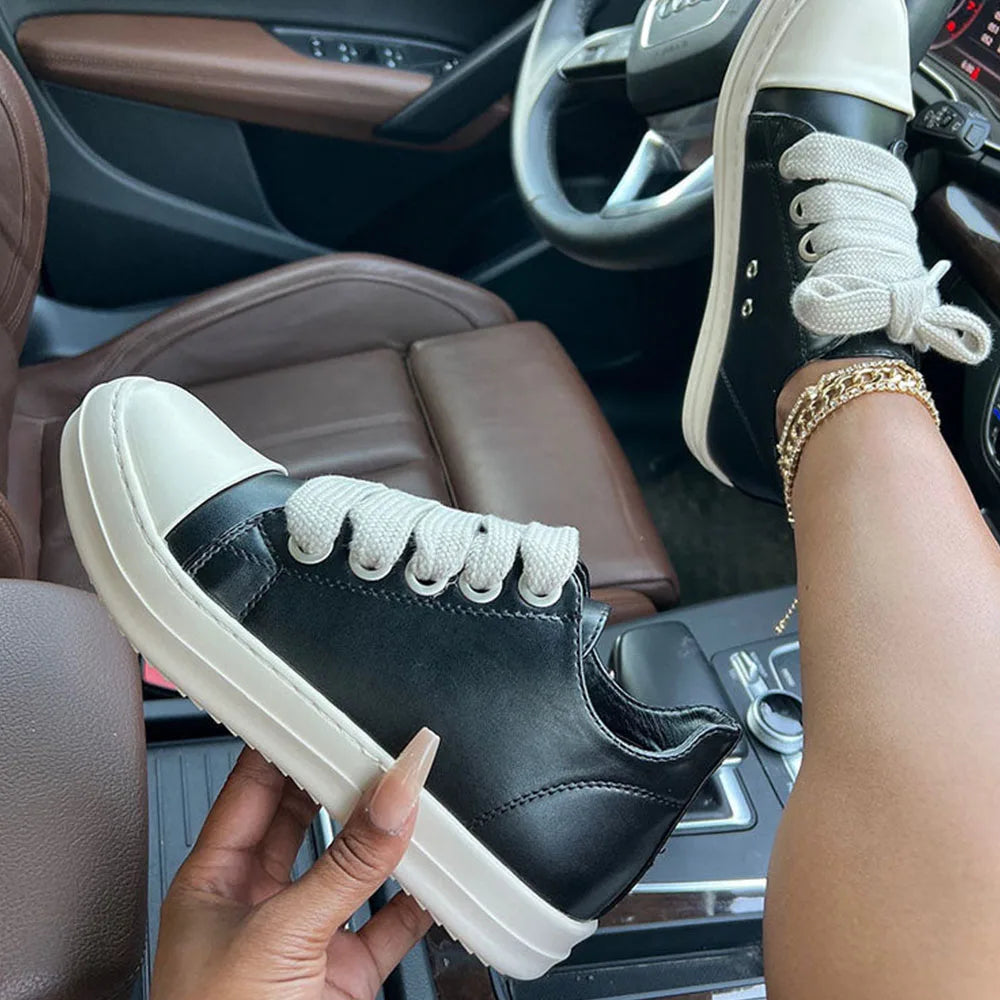 2025 Big Size 44 Women's Platform Skate Shoes Fashion Summer Black Pink Red Lace-up Men Sporty Vulcanize Casual Flat Shoes