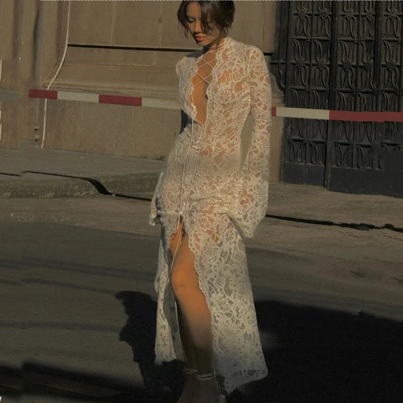 Woman Dress Clothing V-neck White Lace Dress 2025 Vestidos Para Mujer Fall Lace-up High Slit Slim LongEvening Party Dresses