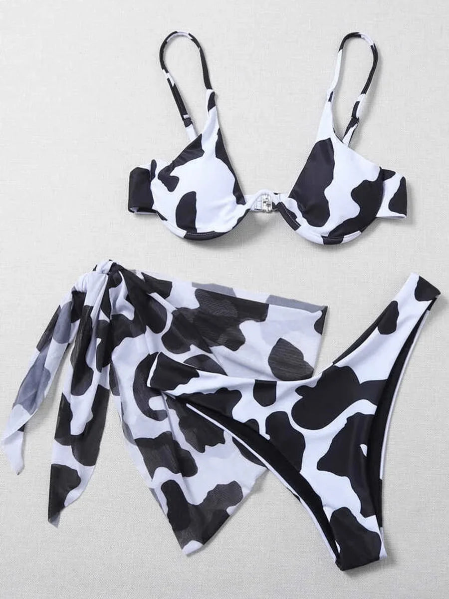 Marble Print V-Bar Underwired Bikini Women Swimsuit Female Swimwear Three-pieces Bikini Set Push Up Bathing Suit Beach Sarong