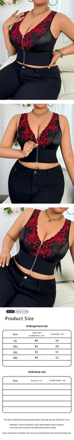 Plus Size Baddie Lingerie Set, Embroidered Zipper Front Deep V Wireless Push-up Bra