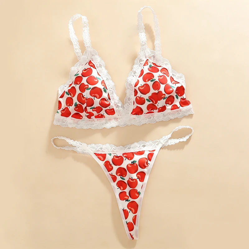 Women's Cute Apple Print Lingerie Set Wireless Triange Bra&Thong 2 PCS Bralette Sets Sweet Fruit Pattern Intimate Lace Underwear