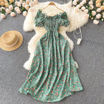 2025 Summer French Vintage Floral Dress Fashion Elegant High-Waisted Drawstring Vestidos Printed Fresh And Sweet Long Dresses