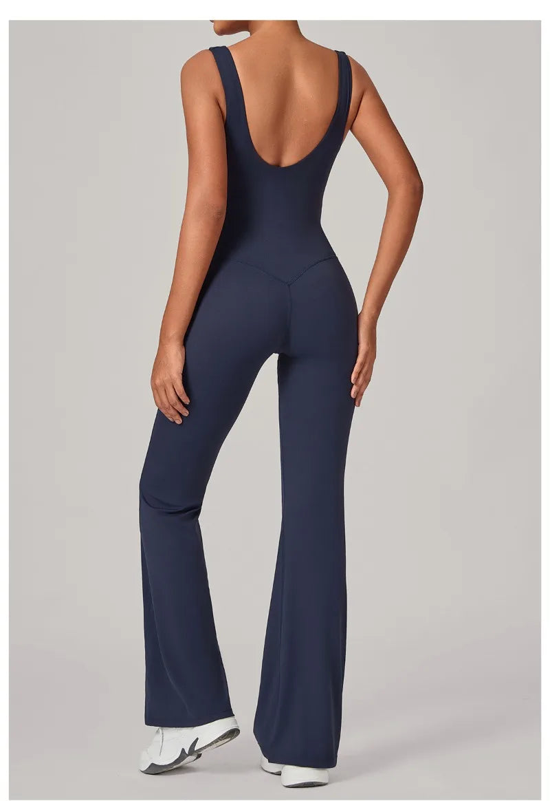 Women's Seamless Yoga Jumpsuits Sports Fitness Sleeveless Hip-lifting Flared One-piece Workout Gym Training Slim Fit Bodysuits