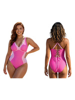 Women Bikini Contrast Color Monokini Swimsuit V-Neck Tie Back Sleeveless Bodysuit Swimwear for Beachwear Bathing Suits