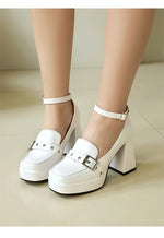 Plus Size Smooth Patent Leather Instep Metal Belt Square Buckle Platform High Thick Heel Ankle Buckle Sweet Lolita High Heels