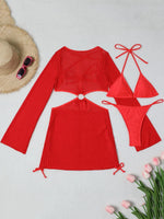 Mesh Sheer Long Sleeve Cover-Up Micro Bikini Female Swimsuit Women Swimwear Three-pieces Bikini Set Bathing Suit Swim Beach Wear