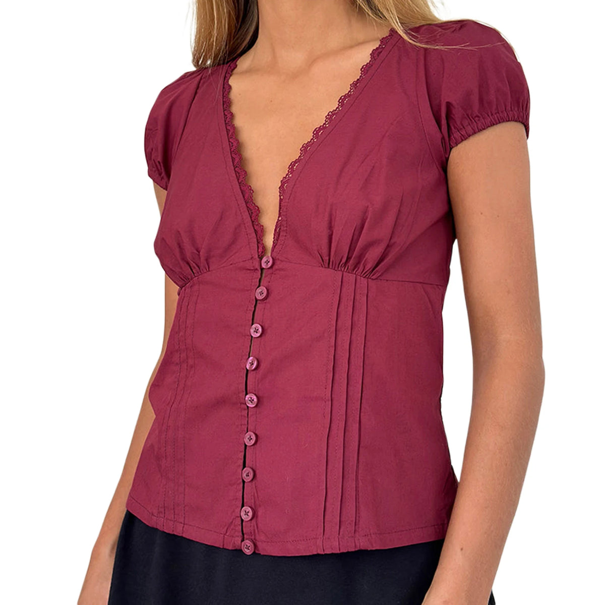 Women's Summer Solid Color Casual Shirt Short Sleeve Deep V Neck Lace Trim Buton Up Party Sweet Crop Tops