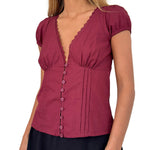 Women's Summer Solid Color Casual Shirt Short Sleeve Deep V Neck Lace Trim Buton Up Party Sweet Crop Tops
