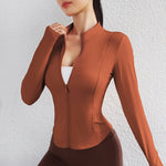 New Fitness Activewear Stand Up Collar Full Zipper Workout Tops Gym Long Sleeve Thumb Hole Yoga Jacket