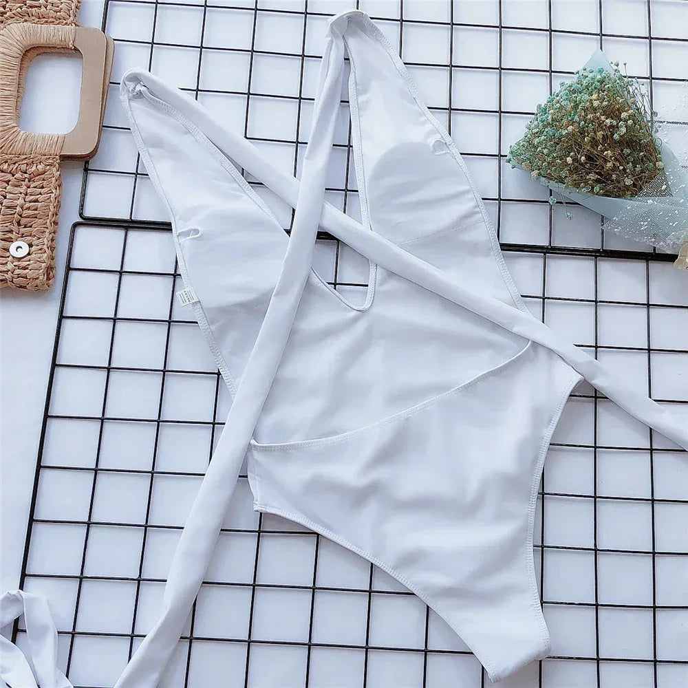 Sexy Red Cross Bandage Backless Swimwear One Piece Swimsuits Woman 2026 Knotted Straps Swimming Bathings Suit V Neck Bodysuits