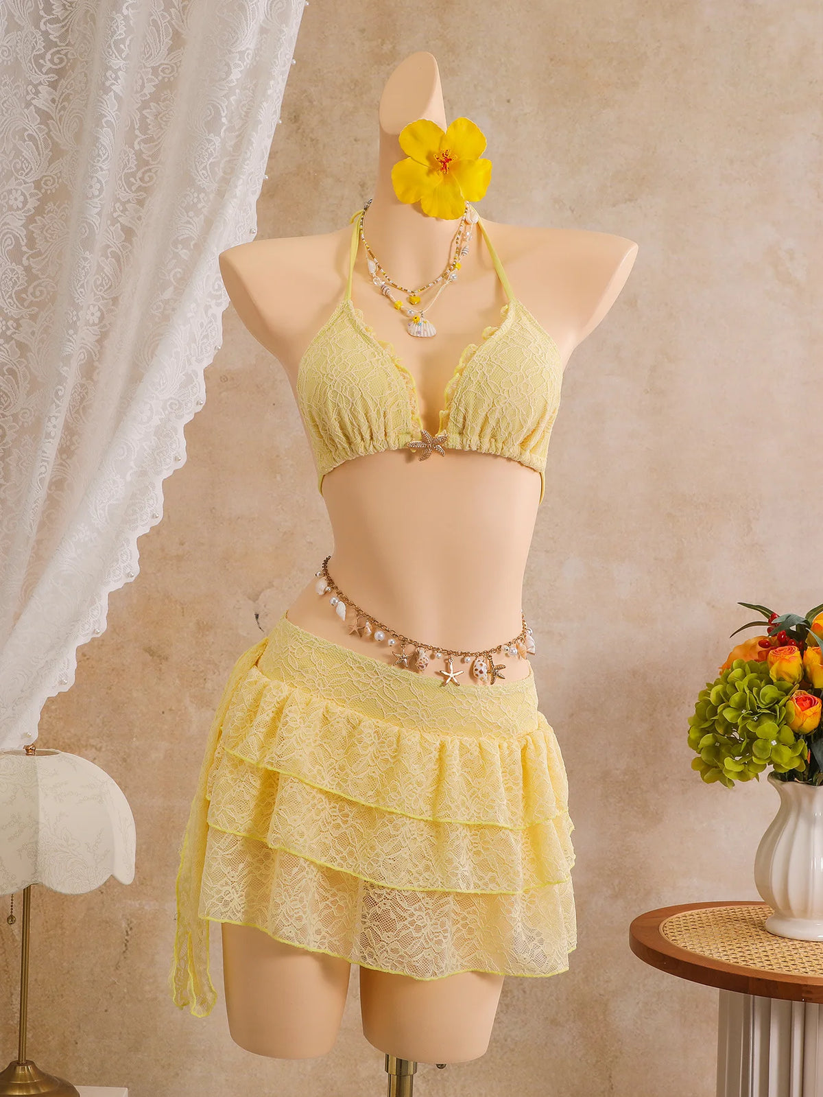 Sexy White Lace Bikini Set 2026 Women Beach Starfish Push Up Bra Swimsuit Holiday Bathing Suit Pleate Cover Up 3 Piece Swimwear