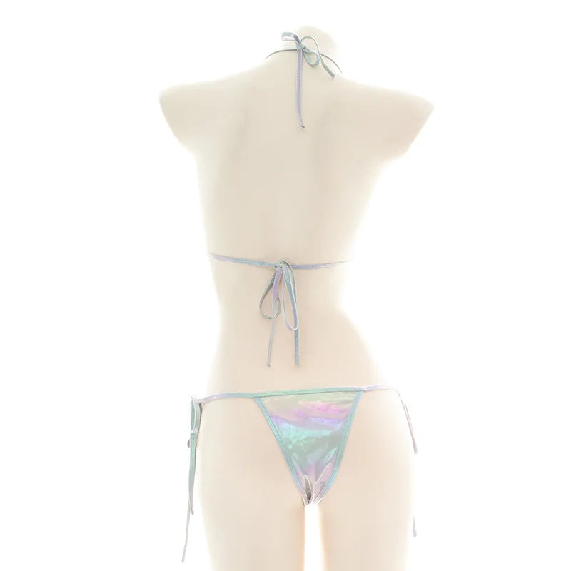 Summer Laser Holographic Micro Bikini Set Women Halter Bra Top Sexy String Thong Bathing Suit Beachwear Brazilian Biquini