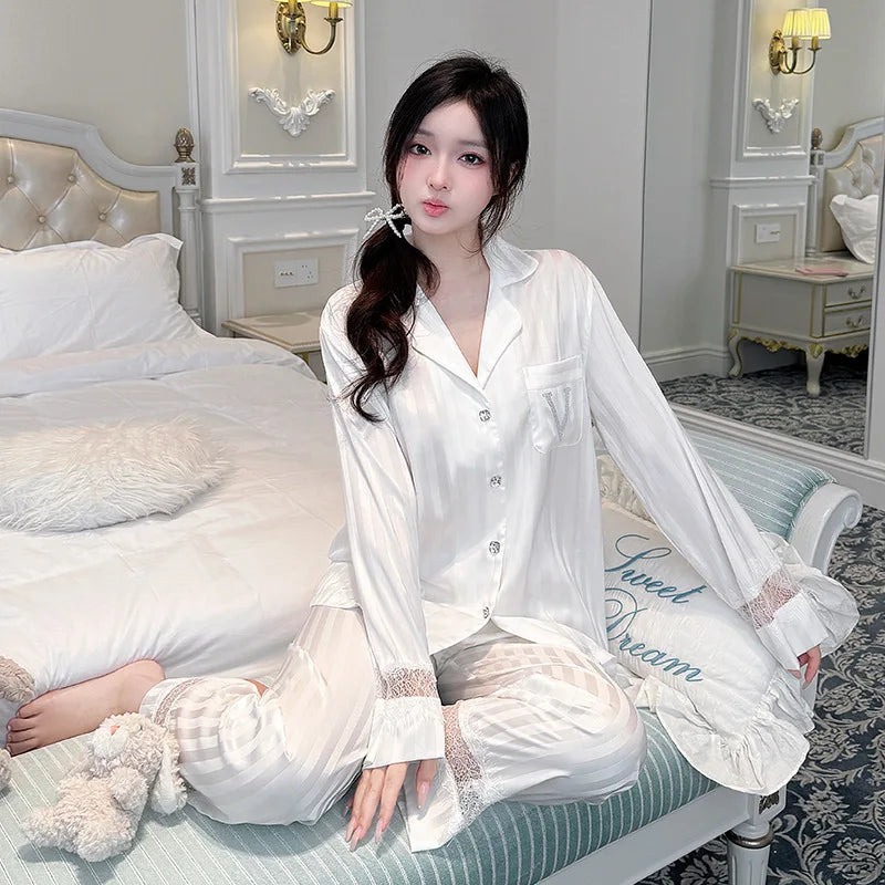 Lace splicing light luxury pajamas for women long-sleeved ice silk silk early spring comfortable home wear set