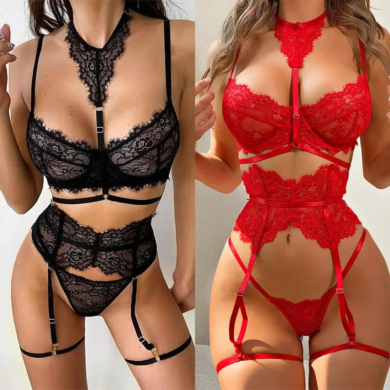 Women's Sexy Lingerie Set - Lace Patchwork See Through Bra & Garter Thongs-2024 Erotic Lingerie Costume