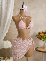 Vintage Pink Mesh Skirt 3 Piece Bikini Set Women Stone Strap Push Up Bra Triangle Swimsuit Holiday Bathing Suit Swimwear 2026
