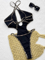 Halter Splicing Hollow Out Cross Backless Women Swimwear One Piece Swimsuit Female Monokini High Cut Bathing Suit Swim Beachwear