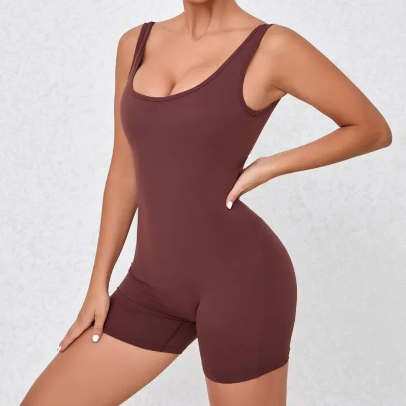 Women's Seamless Yoga Jumpsuit - Quick-Dry Nude Workout Suit with V-Neck & Sexy Back, Tight Fitness Wear for Running Gym Workout