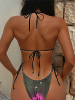 sexy giltter gradient purple string micro halter bikinis sets two pieces 2024 women thong tie swimsuit bathing suit swimwear