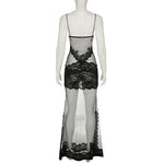 FDYOUI Sexy Lace Patchwork Mesh Long Dress Women Spaghetti Strap See-through Evening Party Dresses White Black Night Club Outfit