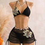 DEKA Brazilian Mesh Flower Bikini Set Women Halter Push Up Triangle Embroidered Print Swimsuit Bathing Suit Swimwear Swimming