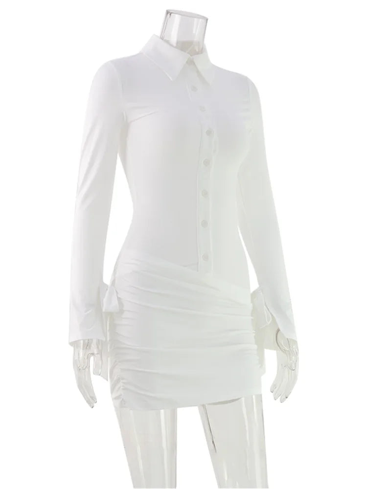 Ahagagg Fashion Dresses For Women Solid Turn Down Collar Single Breasted Regular Long Sleeves Sheath Slim Fit Female Elegant